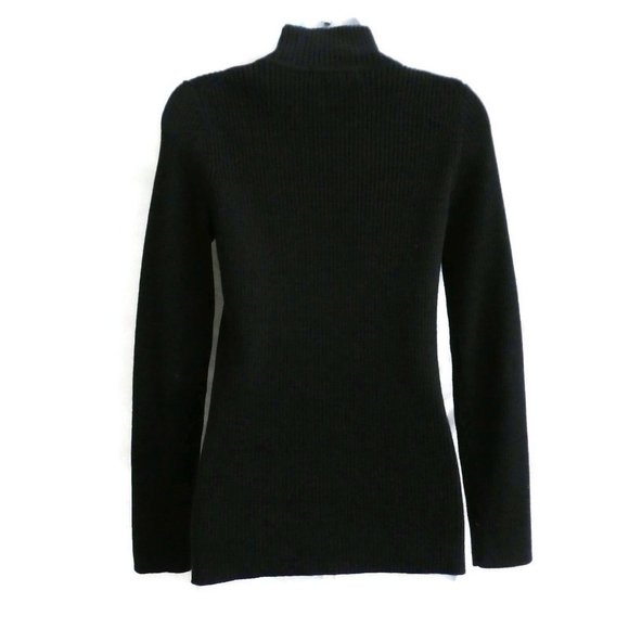 Eddie Bauer Sweater Mock Full Zip Pima Cotton Blend Ribbed Black Silvertone Pull - Picture 2 of 7